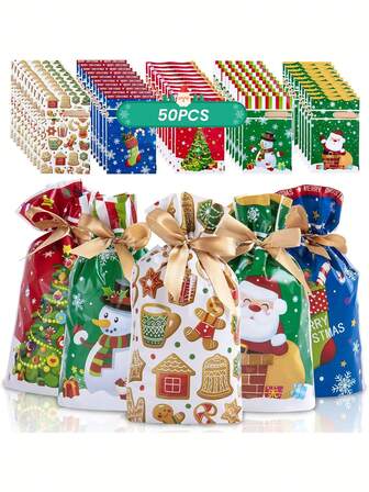 50pcs Christmas Drawstring Gift Bags - Festive Santa Reindeer Snowman Holiday Designs, Mixed Colors PE Plastic Treat Favor Bags For Xmas Party Favors, Winter Holiday Decorations & Gift Wrapping Supplies, Christmas Accessories, Vibrant Holiday Patterns Christmas Christmas Decorations Christmas Pajamas Christmas Gifts Christmas Decor