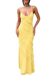 Women's Backless Bodycon Spaghetti Strap Elegant Ruffle Maxi Cocktail Party Dresses, 2025 QMO3 - 黃色 - 查看 1