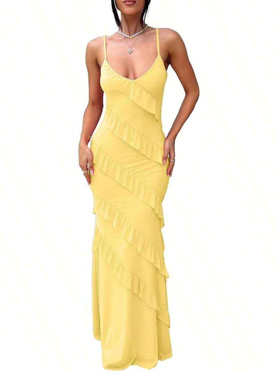 Vestido de cóctel elegante de mujer con tirantes finos, espalda descubierta, volantes y silueta ajustada, 2025 QMO3 - Amarillo - Ver 1