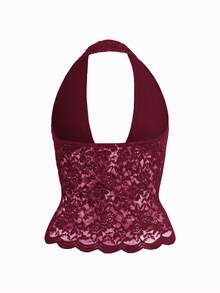 Vaiaye Women's Knitted Sexy Lace Backless Camisole, Solid Color V-Neck T-Shirt, Suitable For Valentine's Day Wear, Spring/Summer - Burgundy - View 4