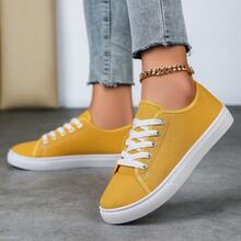 Women's Low-Top Soft-Soled Flat Casual Shoes, Simple And Fashionable, Versatile Women's Shoes. Lightweight Daily Sports Shoes With PVC Cushioning Insoles - Women's Casual Shoes, Suitable For All Seasons, Ideal For Office, Outdoor And Party Occasions - Easy-To-Clean Polyurethane Synthetic Fabric Upper, Simple Design, Rubber Sole, Breathable Material, Comfortable For Daily Wear. - 黃色 - 查看 2