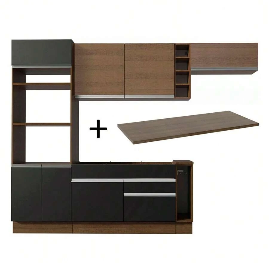 Cocina integral completa modular Madesa Glamy 290cm color negro marrón diseño contemporáneo muebles de cocina almacenamiento eficiente funcionalidad premium calidad superior ideal para hogar organización estilo moderno práctico combinado - Negro y Morrón - Ver 1