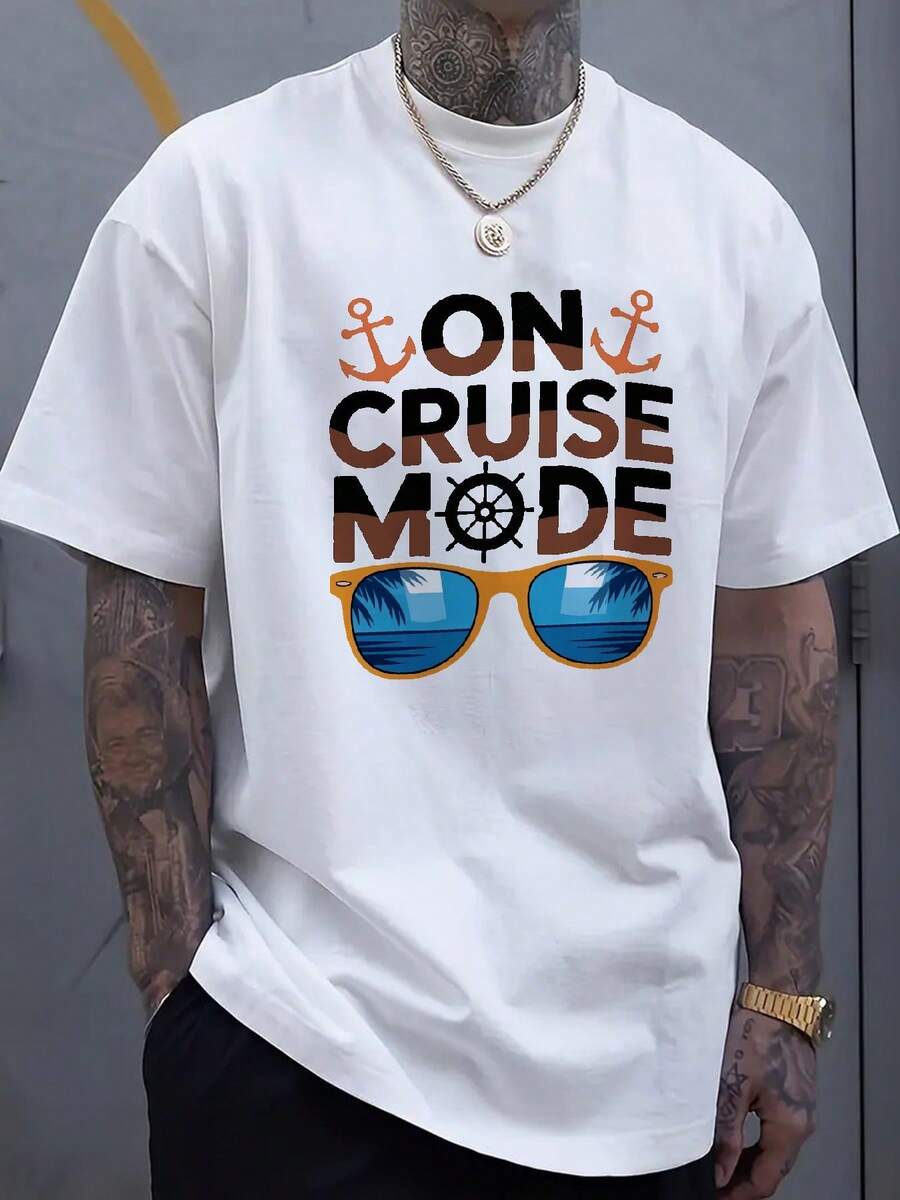 Men'S Cruise Mode Graphic T-Shirt - Black With Blue Anchor & Glasses Print, Summer Vacation Travel Tee, Casual Short Sleeve, Regular Fit, Perfect For Beach & Poolside, Vacation T Shirt - 白色 - 查看 1