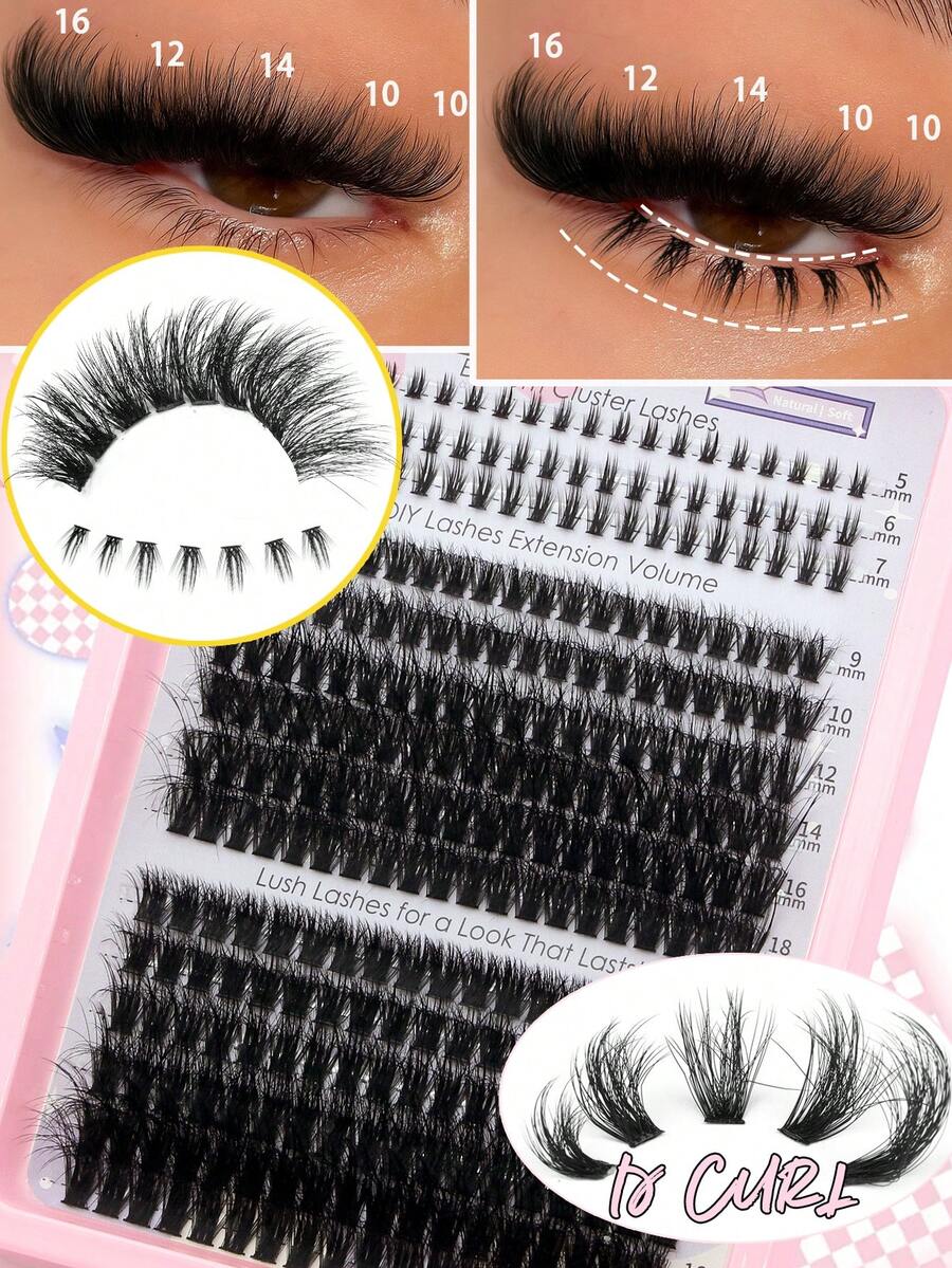 Mikiwi 100D/120D Fluffy Lash Clusters Kit With Bottom Lahses,Volume DIY Individual Lashes Eyelash Extension ,5mm/6mm/7mm Bottom Lashes Multi-Layered Dramatic Faux Mink Fluffy Eyelash Clusters 9-18mm Mix - màu đen - Xem 1