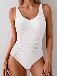 Traje de baño de una pieza con diseño fruncido y control de abdomen - Blanco - Ver 7