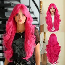 7JHH WIGS Gorgeous 28-Inch Extra Long Wavy Hot Pink Wig For Women, Fluffy Wave Curly Wigs With Curtain Bangs, Synthetic Fiber Hair Full Machine Fluorescent Pink Wigs For Daily & Music Festival Party Wear, Halloween Cosplay Costume Use All-Match Fashion Accessories - 粉色 - 查看 12