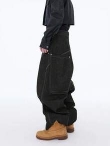 1件 Infinite Jeans 美国街头嘻哈拼接刺绣男士阔腿宽松裤，时尚高街休闲牛仔裤，适合所有季节（产品不含腰带和配饰） - 黑色 - 查看 4