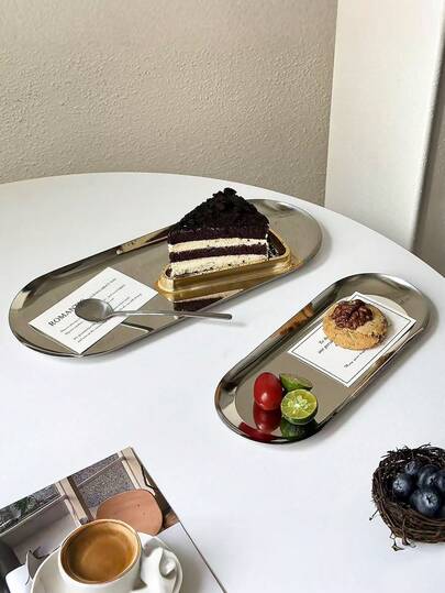 1 件不锈钢椭圆形蛋糕/甜点盘，用于小吃、开胃菜、装饰的托盘，适用于餐厅、咖啡馆、客厅