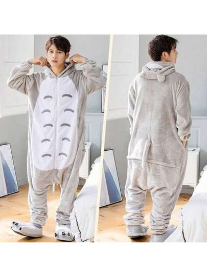 Pijama Entero Unisex Acolchado, Pijama de Pareja, Modelo Otoño-Invierno, Color Gris con Patrón de Gatito Cartoon, Ropa para Halloween y Navidad, Regalo para Dormir en Casa, Pijama Entero para Adultos