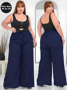 Wide Leg Trousers Plus Size Formal High Waist Tailored Elastic - 藏蓝色 - 查看 1