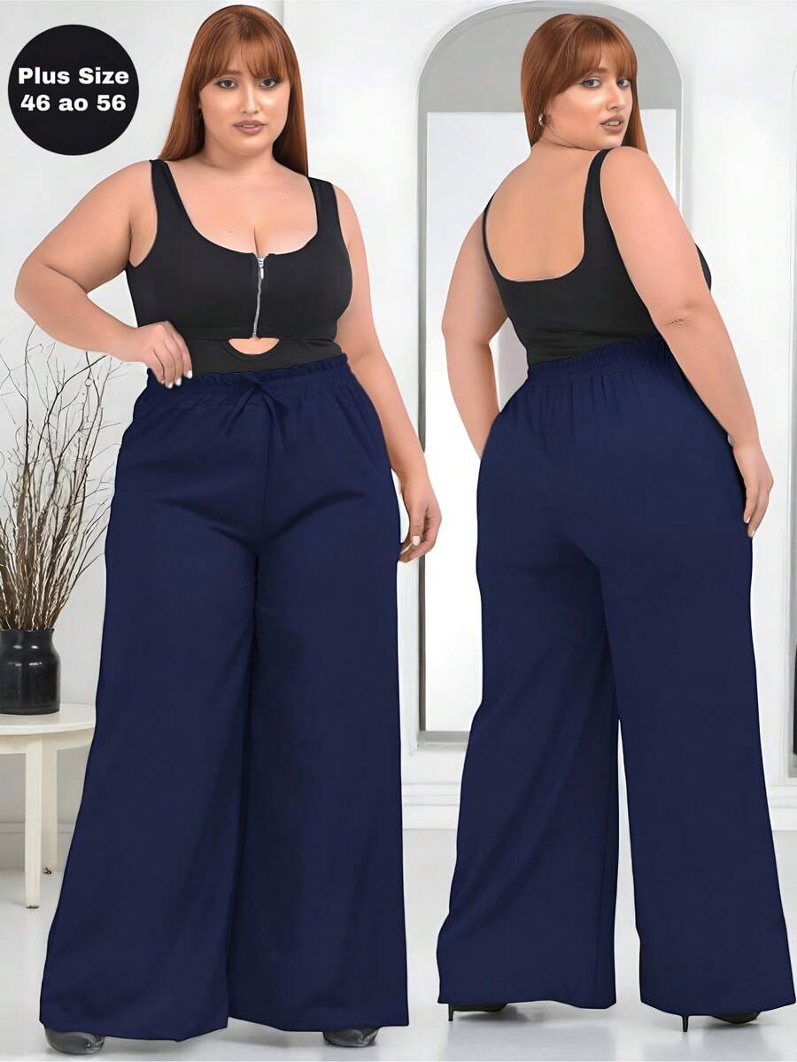 Wide Leg Trousers Plus Size Formal High Waist Tailored Elastic - 藏蓝色 - 查看 1