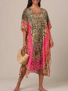 Women's Kaftan Dresses, Colorful Print Mrs Roper Caftan, Bathing Suit Cover Ups Beach Dresses  Leopard Print    Split    Vacation - 彩色 - 查看 1