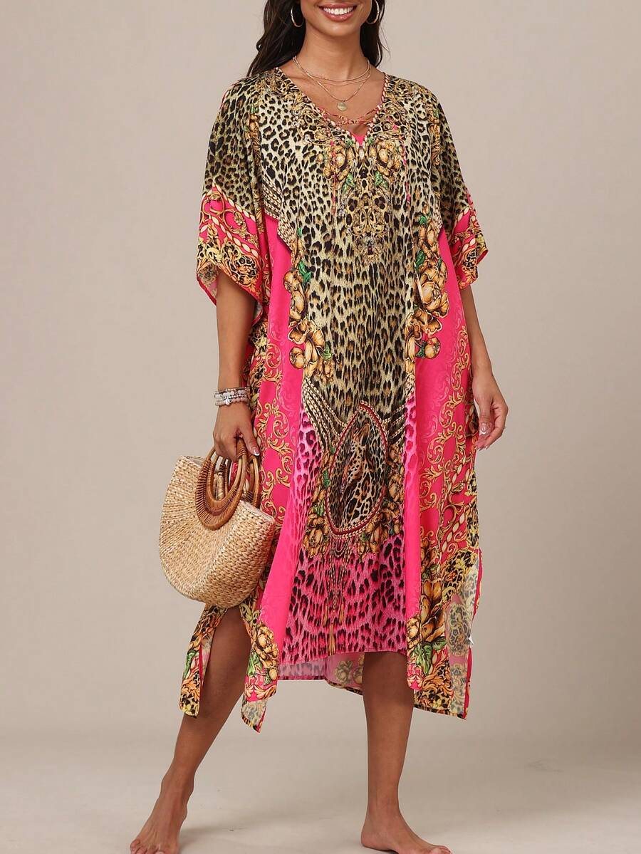 Women's Kaftan Dresses, Colorful Print Mrs Roper Caftan, Bathing Suit Cover Ups Beach Dresses  Leopard Print    Split    Vacation - 彩色 - 查看 1