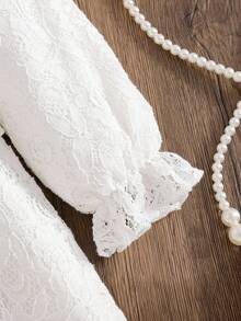 coviviky Vestido de manga larga con cuello redondo y encaje hasta la rodilla para niñas, con volantes franceses dulces, decoración de botones de perla