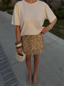 音乐节亮片设计低腰百搭闪亮迷你裙，适合女士，优雅女士串珠裙 - 卡其色 - 查看 4