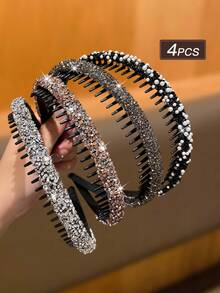 4件套女士时尚发圈，精致时尚，镶嵌闪亮水钻和仿珍珠，防滑齿状设计，适合洗脸、化妆、固定头发，推荐作为女士发饰礼品、头饰或发带。 - 彩色 - 查看 3