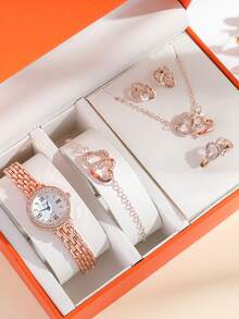 (Không hộp) Bộ đồng hồ thạch anh mặt số La Mã thời trang đơn giản dành cho thanh thiếu niên, dây đeo bằng thép đính kim cương + vòng tay hình trái tim, thích hợp cho sinh nhật, tốt nghiệp, khuyến mãi cuối năm, 6 món/bộ - trắng - Xem 8