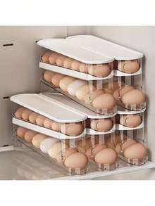 1pc Automatic Double-Layer Egg Holder - Capacity 12-14 Eggs, Hinged Sliding Design, Keeps Eggs Fresh, Non-Food Contact Plastic Material, Fridge And Kitchen Storage Organizer