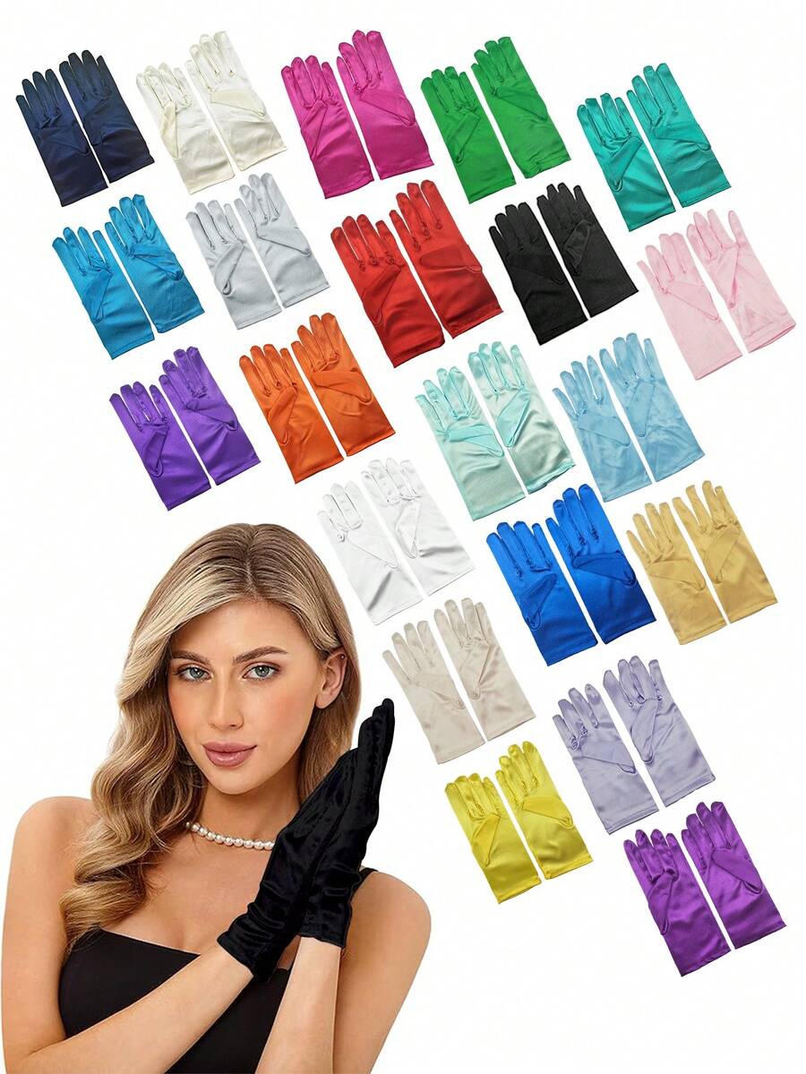 D EXCEED 1/3双装女士纯色短款缎面手套 – 优雅精致的配饰 – 适用于歌剧表演、下午茶聚会、送礼场合、正式舞会和复古鸡尾酒会、派对服装