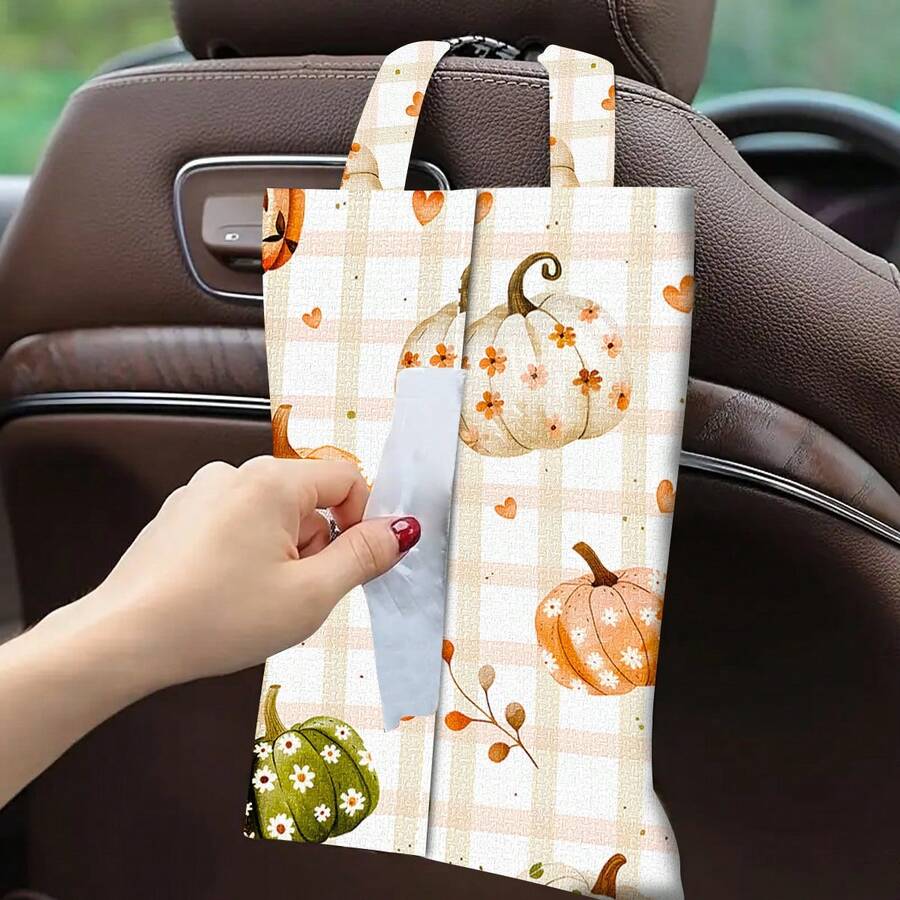 1 件/2 件/4 件卡通南瓜图案亚麻纸巾架 - 适合作为感恩节礼物、感恩节装饰、带挂绳的矩形涤纶面料纸巾盒，适用于客厅、卧室、浴室和汽车，时尚家居装饰配件，图案优雅，结构耐用，实用收纳 - 彩色 - 查看 1