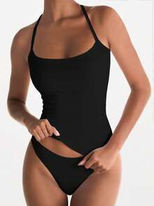 XLLAIS 女士简约纯色交叉露背弹力运动健身吊带背心，时尚细肩带黑色衬衫 - 黑色 - 查看 2