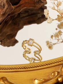 1pc 18K Stainless Steel Cubic Zirconia Ring, Minimalist & Fashionable Party Jewelry Suitable For Party, Date, Office Wear - Yellow Gold - View 1