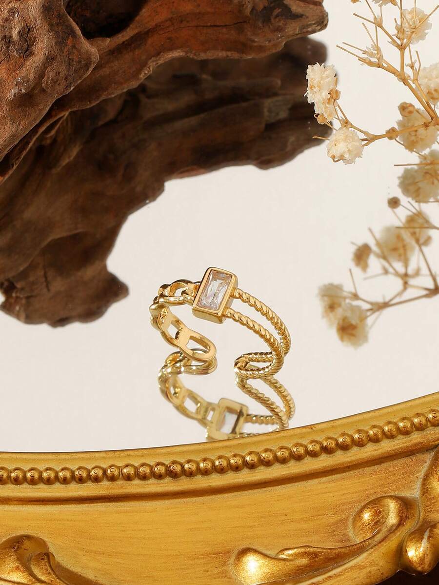 1pc 18K Stainless Steel Cubic Zirconia Ring, Minimalist & Fashionable Party Jewelry Suitable For Party, Date, Office Wear - Yellow Gold - View 1