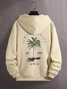 男士休闲街头风棕榈树印花口袋抽绳连帽卫衣，返校季，秋冬季，长袖上衣 - 杏色 - 查看 7