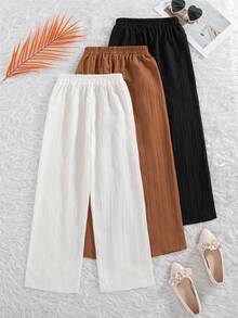 3 件套女童休闲纯色长裤，松紧腰带和蝴蝶结装饰，适合外出，春秋季 - 彩色 - 查看 2