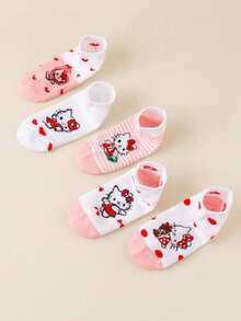 5 pares de calcetines tipo tobillero para niños con estampado de Hello Kitty de Sanrio, en esquema de color rosa y blanco con detalles de corazón rojo y moño, con adorables estampados de Hello Kitty en diferentes atuendos, hechos de material suave y transpirable que asegura un uso cómodo y una elasticidad suave, en un estilo de dibujos animados dulce, perfectos para atuendos escolares diarios, regalos de cumpleaños, juegos casuales