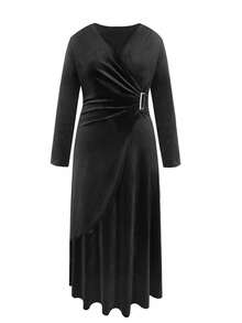 Plus Size Women's Casual Solid Color V-Neck Long Sleeve Fitted Dress, Suitable For Daily Commute And Office Wear, Autumn/Winter - Black - View 3