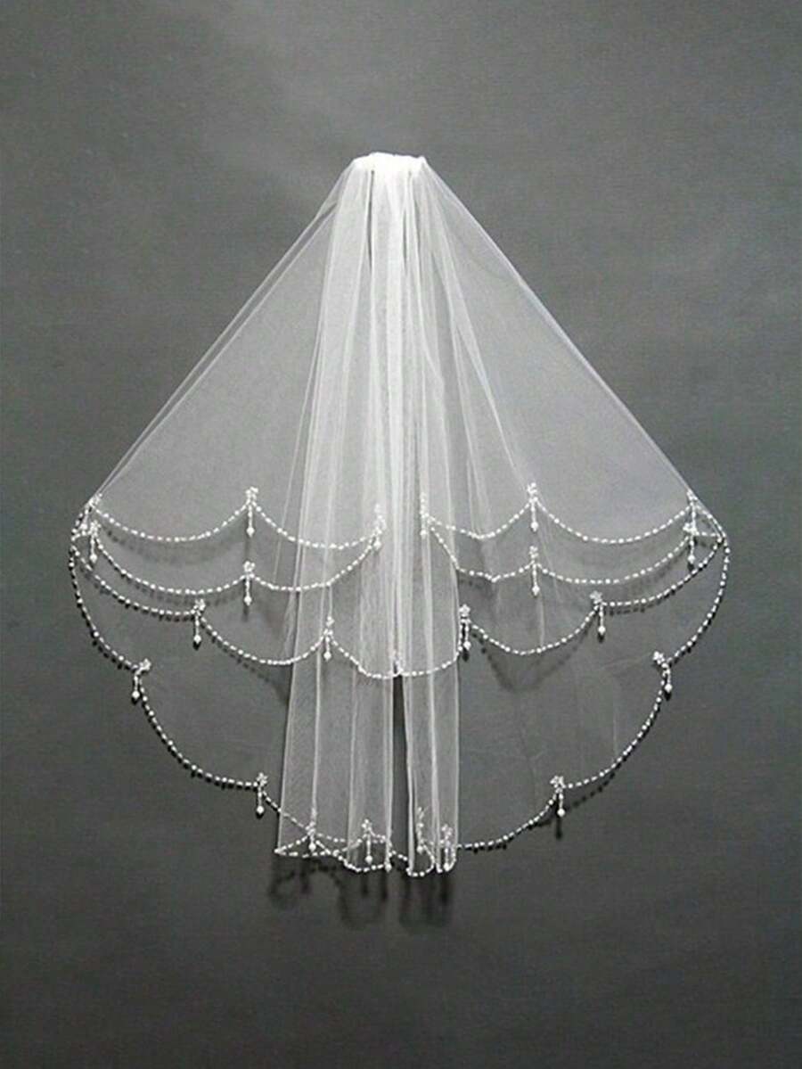 Elegant 1pc Women Bead Decor Bridal Veil With Hair Comb For Wedding Party - Multicolor - View 1
