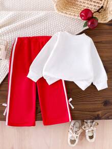 2pcs Baby Girl Butterfly & Cherry Print Crew Neck Long Sleeve Sweatshirt Top And Butterfly Decor Striped Straight Leg Pants Set - Red - View 2