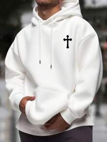 男士休闲简约十字印花抽绳连帽衫，带口袋，返校季长袖上衣 - 白色 - 查看 5