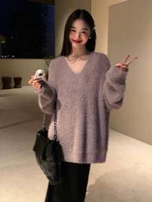 女士 V 领仿羊绒柔软套头毛衣，中长款外套，秋冬 - 淺灰紫 - 查看 2
