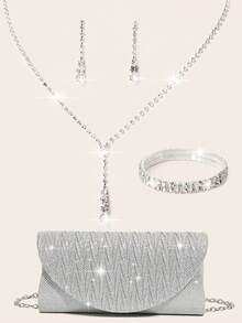 Ladies' Diamond Jewelry Sparkling Luxury Water Diamond Jewelry Set Sparkling Necklace Earrings Bracelet Set Personalized V-Shaped Metal Hardware Flip Cover Bag Elegant And Fashionable Glitter Wrinkled Envelope Bag Handbag Handbag Fashion Banquet Bag Handheld Banquet Bag Handheld Wallet Elegant Handheld Banquet Bag - Silver - View 1