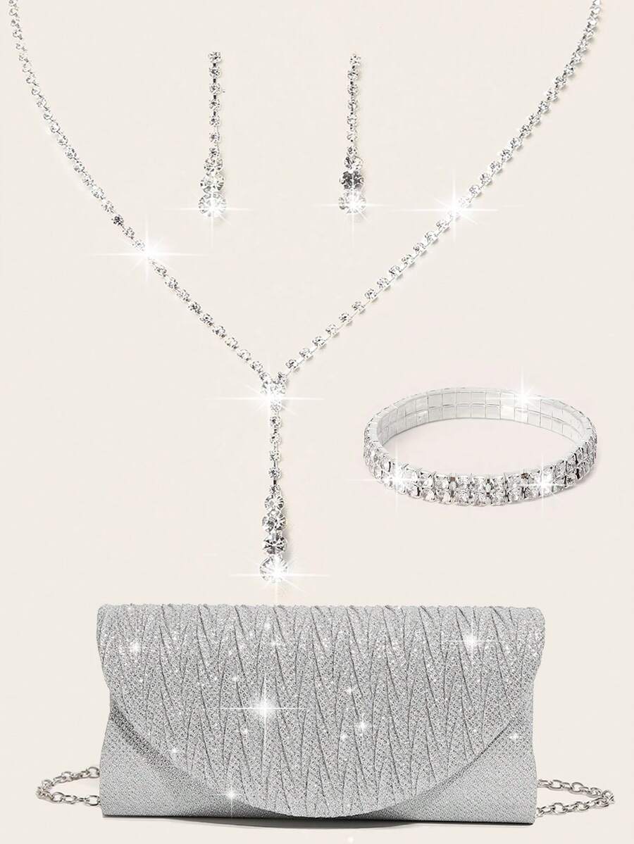 Ladies' Diamond Jewelry Sparkling Luxury Water Diamond Jewelry Set Sparkling Necklace Earrings Bracelet Set Personalized V-Shaped Metal Hardware Flip Cover Bag Elegant And Fashionable Glitter Wrinkled Envelope Bag Handbag Handbag Fashion Banquet Bag Handheld Banquet Bag Handheld Wallet Elegant Handheld Banquet Bag - Silver - View 1