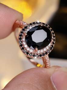 1 chiếc nhẫn nữ mạ vàng zirconia tổng hợp màu đen hình bầu dục thanh lịch, thích hợp cho lễ hội, tiệc tùng, đeo hàng ngày, phụ kiện bền và hợp thời trang - Vàng - Xem 7