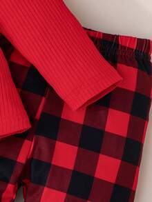 2pcs Baby Girls' Christmas Plaid Round Neck Cap Sleeve Fashion Outfit Set - Red - View 3