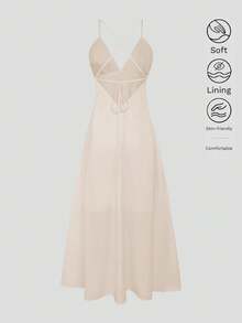 女士缎面 V 领优雅夏季长裙、丝质睡裙、节日派对生日正式场合连衣裙 - 杏色 - 查看 3