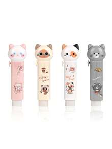 1pc/2pcs/4pcs Cartoon Cute Cat Retractable Eraser, Less-Dust Pencil Cleaning Retractable Design Kawaii Cartoon Eraser, Kids Gift School Student Reward