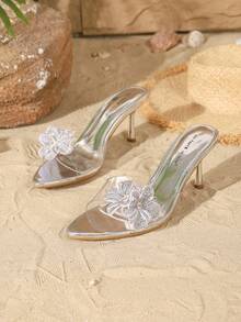 On feet& in love 女士时尚优雅尖头水钻绑带露趾套脚凉鞋，适合搭配连衣裙、高跟鞋和春夏服装。 - 銀色 - 查看 4