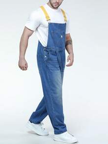 Plus Size Men's Non-Stretch Shoulder Strap Contrast Color Washed Cat Whisker Bib Overalls Jeans