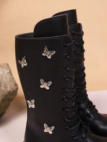 1 双女童时尚、可爱、优雅、校园风圆头侧拉链靴 - 黑色 - 查看 7