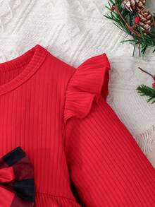 2pcs Baby Girls' Christmas Plaid Round Neck Cap Sleeve Fashion Outfit Set - Red - View 6