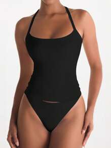 XLLAIS 女士简约纯色交叉露背弹力运动健身吊带背心，时尚细肩带黑色衬衫 - 黑色 - 查看 3