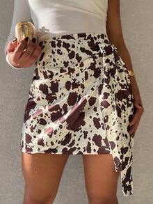 Short Cow Print Skirt (Satin) - White - View 1
