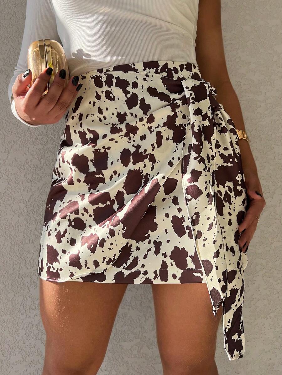 Short Cow Print Skirt (Satin) - White - View 1