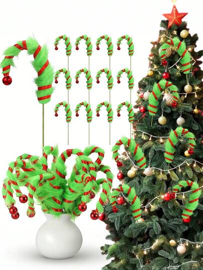 1/6/12 件装圣诞树装饰套装 - 青柠绿色卷曲茎，配有毛绒棒，可用于圣诞树、花环、花瓶填充物和精灵装饰，打造独特的圣诞树（多用途节日装饰）