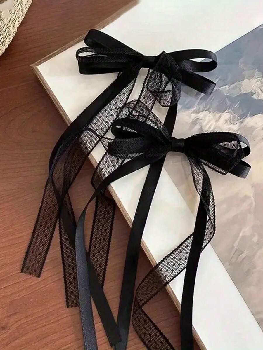 2个优雅蕾丝蝴蝶结发夹，女士高端发饰，时尚发夹带蝴蝶结尾，发爪 - 黑色 - 查看 1